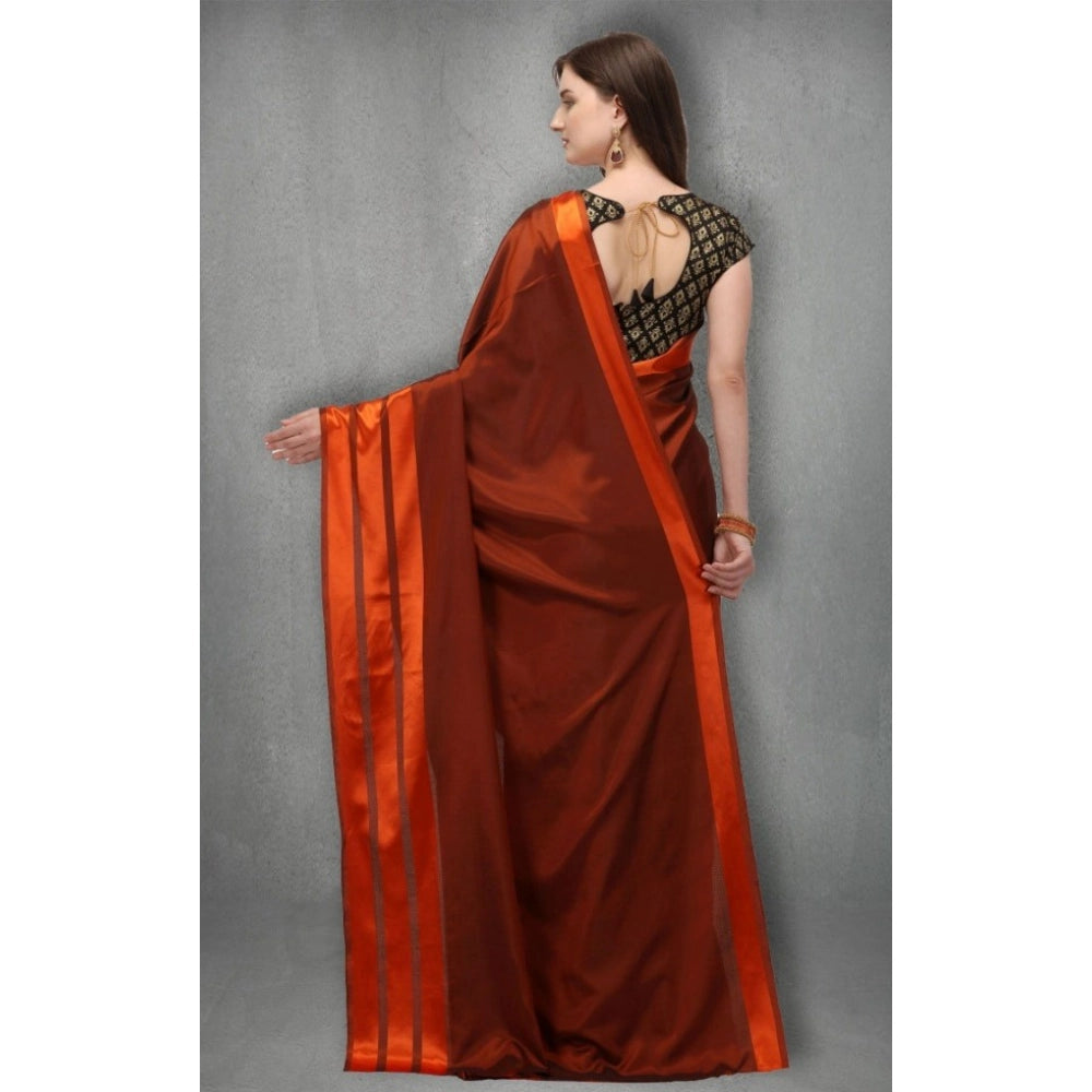 Women's Orange Satin Silk Striped Saree with Printed Unstitched Blouse