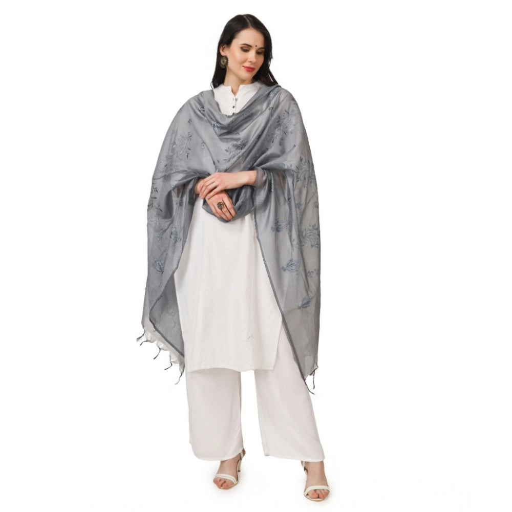Generic Women's Cotton Embroidered Dupatta (Grey, Length: 2.25 to 2.50 Mtr)