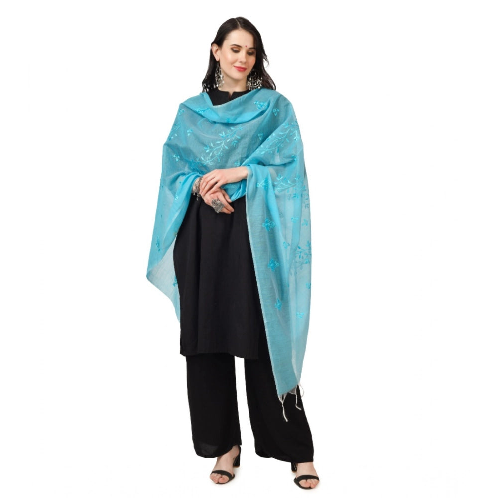 Generic Women's Cotton Embroidered Dupatta (Aqua Blue, Length: 2.25 to 2.50 Mtr)