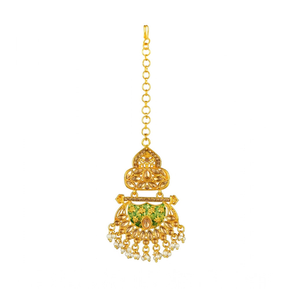 Generic Women's Rose Gold Plated Alloy Kundan Earrings & Mangtikka (Green)