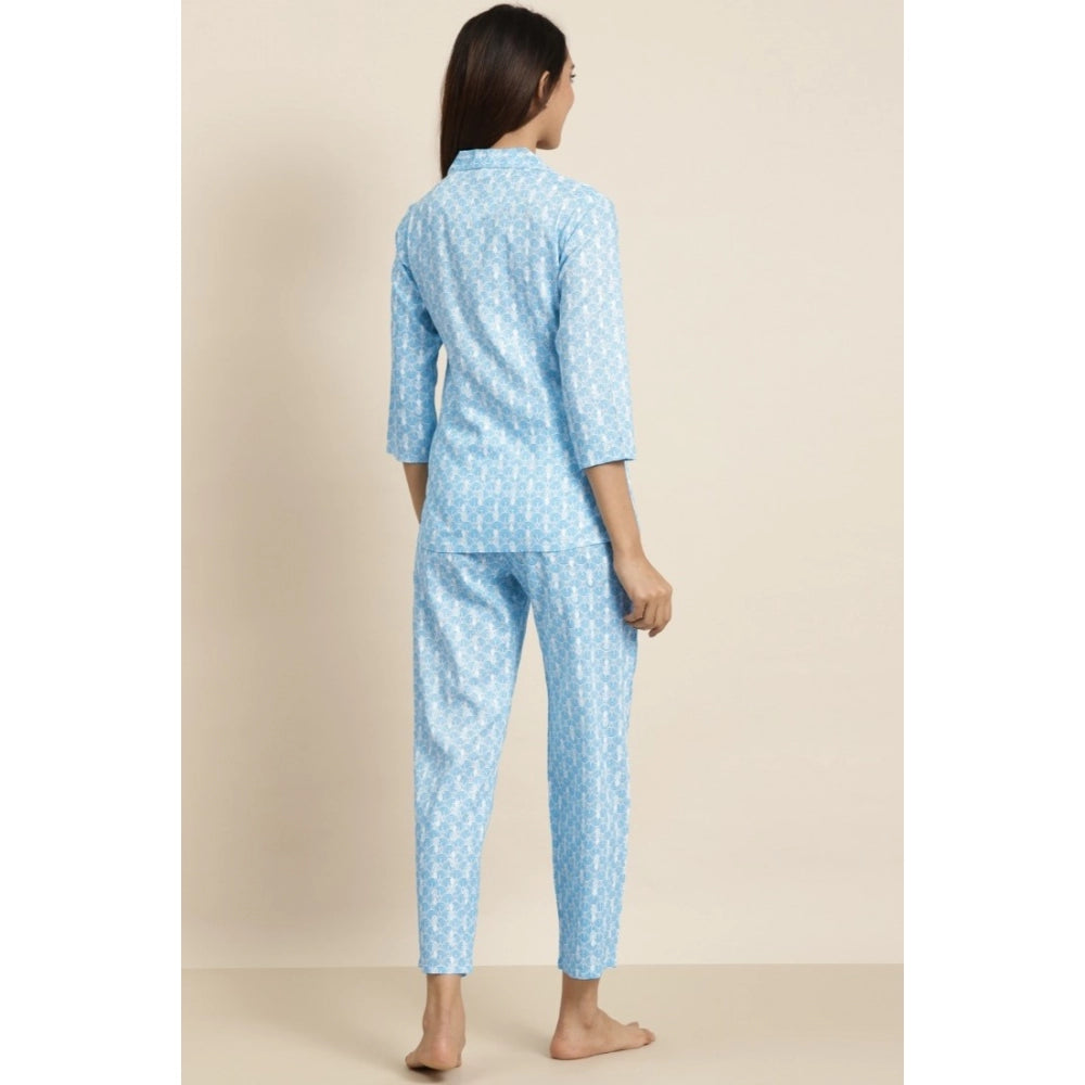 Generic Women's Casual 3/4 th Sleeve Floral Printed Rayon Shirt With Pyjama Pant Night Suit Set (Blue)