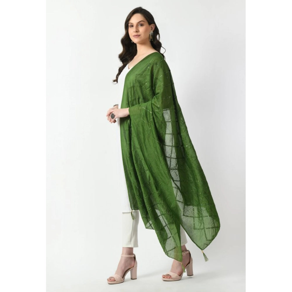 Women's Green Chanderi Self Design Festive Dupatta
