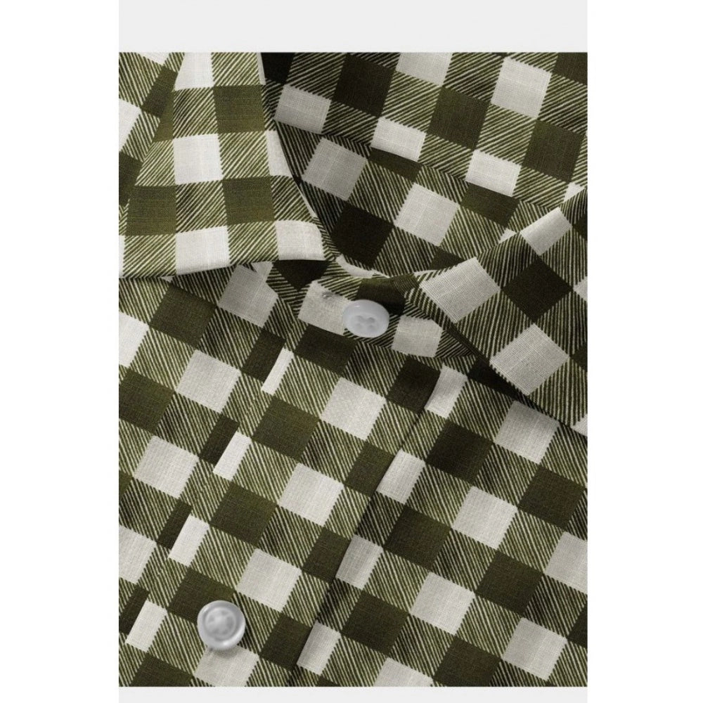 Generic Men's White-Green Cotton Blend Checked Full Sleeve Shirt
