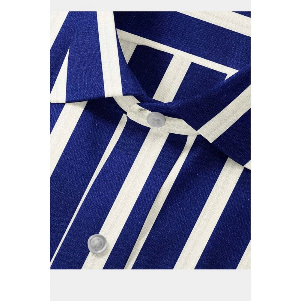 Generic Men's White-Blue Cotton Blend Striped Full Sleeve Shirt