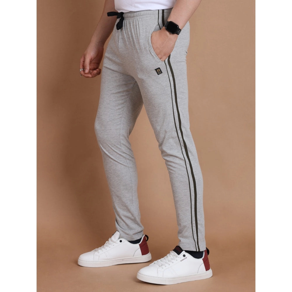 Men's Grey Melange Cotton Striped Track Pants | Full Length Casual & Sports Lower for Men