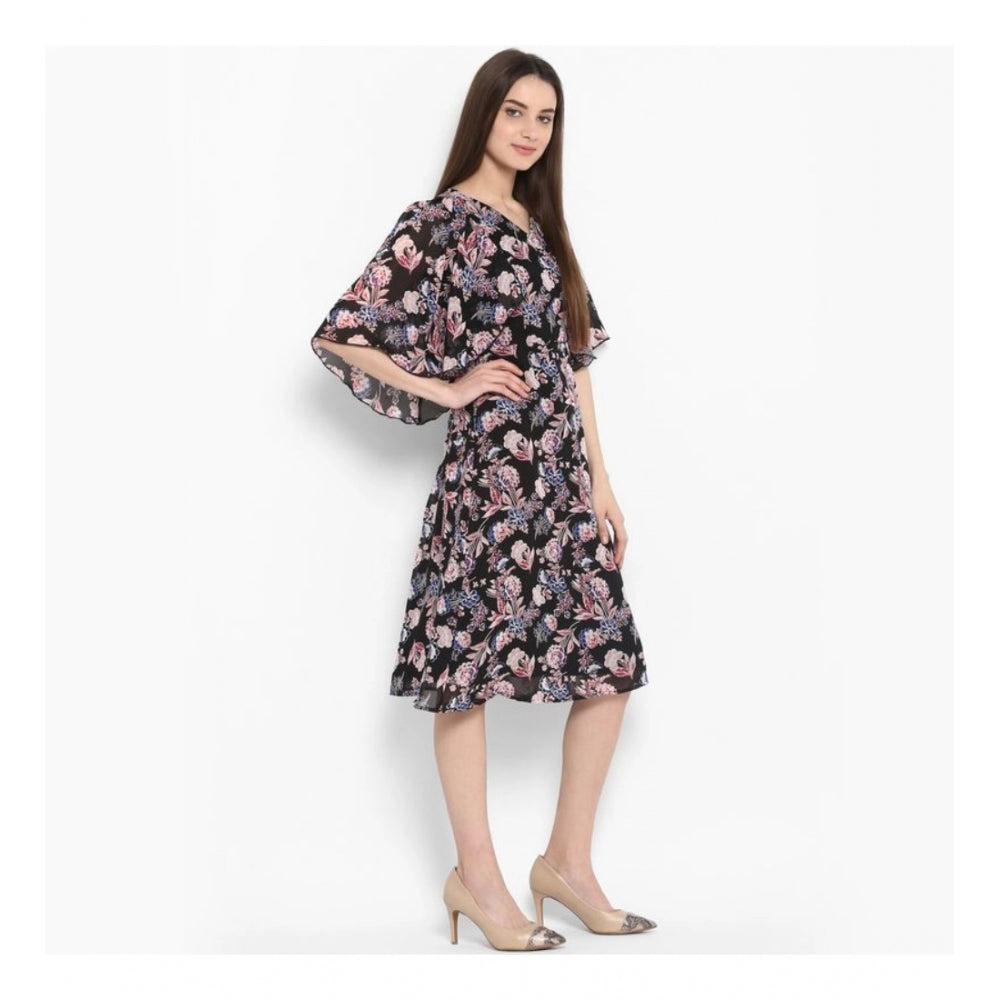 Generic Women's Polyester Floral Short Sleeve Knee-Length Dress (Black - Multicolor)