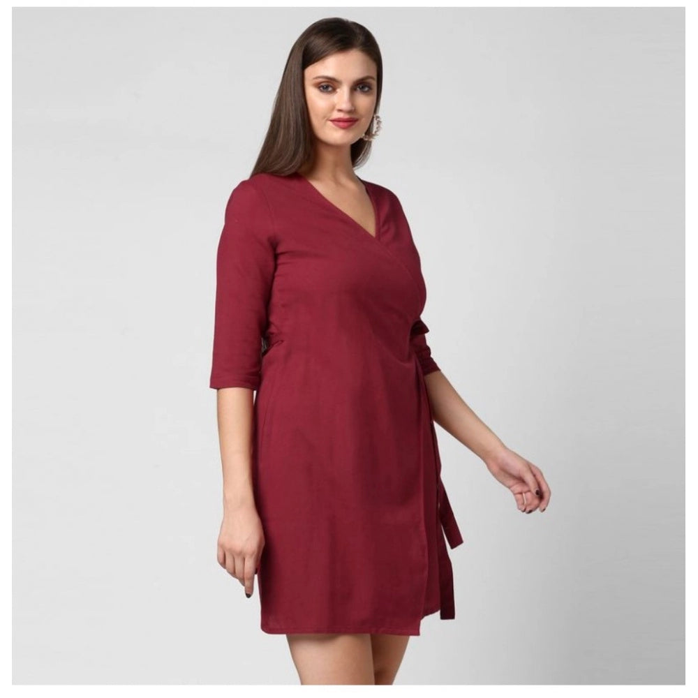 Generic Women's Cotton Solid 3-4th Sleeves Above Knee Dress (Maroon)
