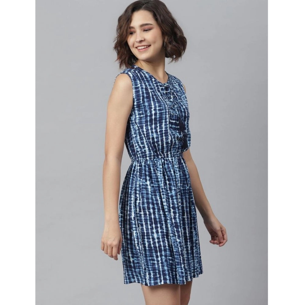 Generic Women's Rayon Tie & Dye Sleeveless Above Knee Dress (Blue)