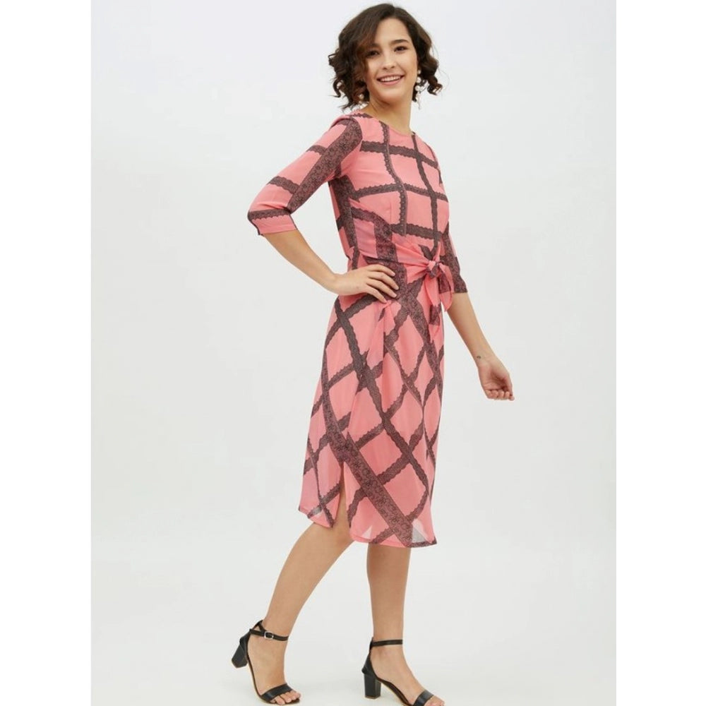 Generic Women's Polyester Checkered 3-4th Sleeves Below Knee Dress (Pink)