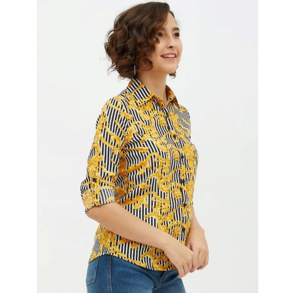 Generic Women's Polyester Printed Roll Up Sleeve Standard Length Shirt (Mustared)