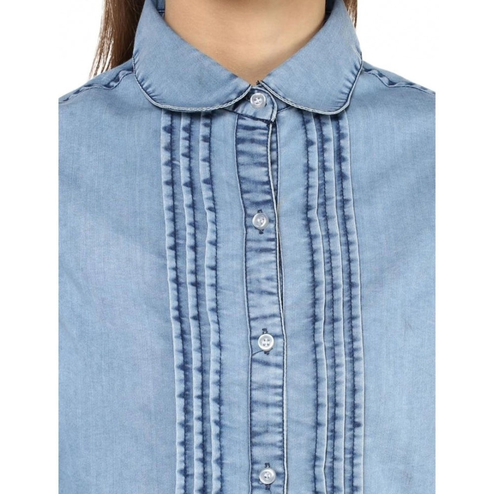 Women's Denim Solid 3/4 Sleeve Standard Length Shirt – Blue