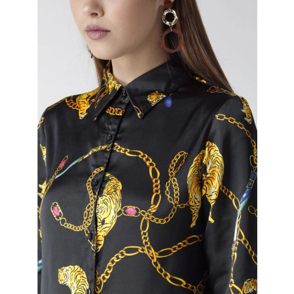 Women's Satin Printed Long Sleeve Shirt – Black & Gold