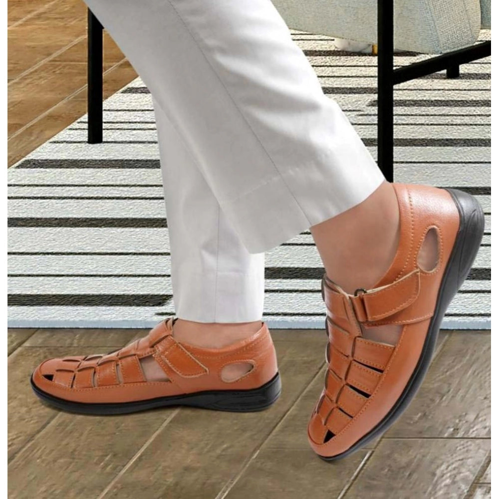 Men's Tan Faux Leather Velcro Sandals
