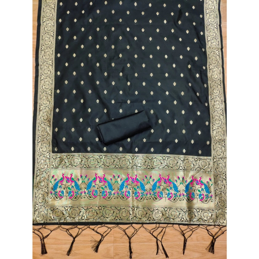 Generic Women's Banarasi Silk Printed Unstitched Salwar Suit Material With Dupatta (Black, 3Mtrs)