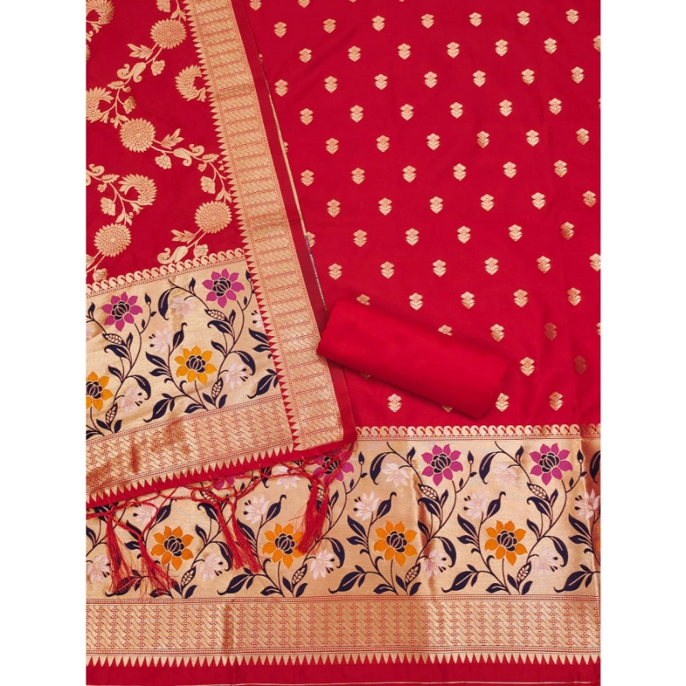 Generic Women's Banarasi Silk Printed Unstitched Salwar Suit Material With Dupatta (Red, 3Mtrs)