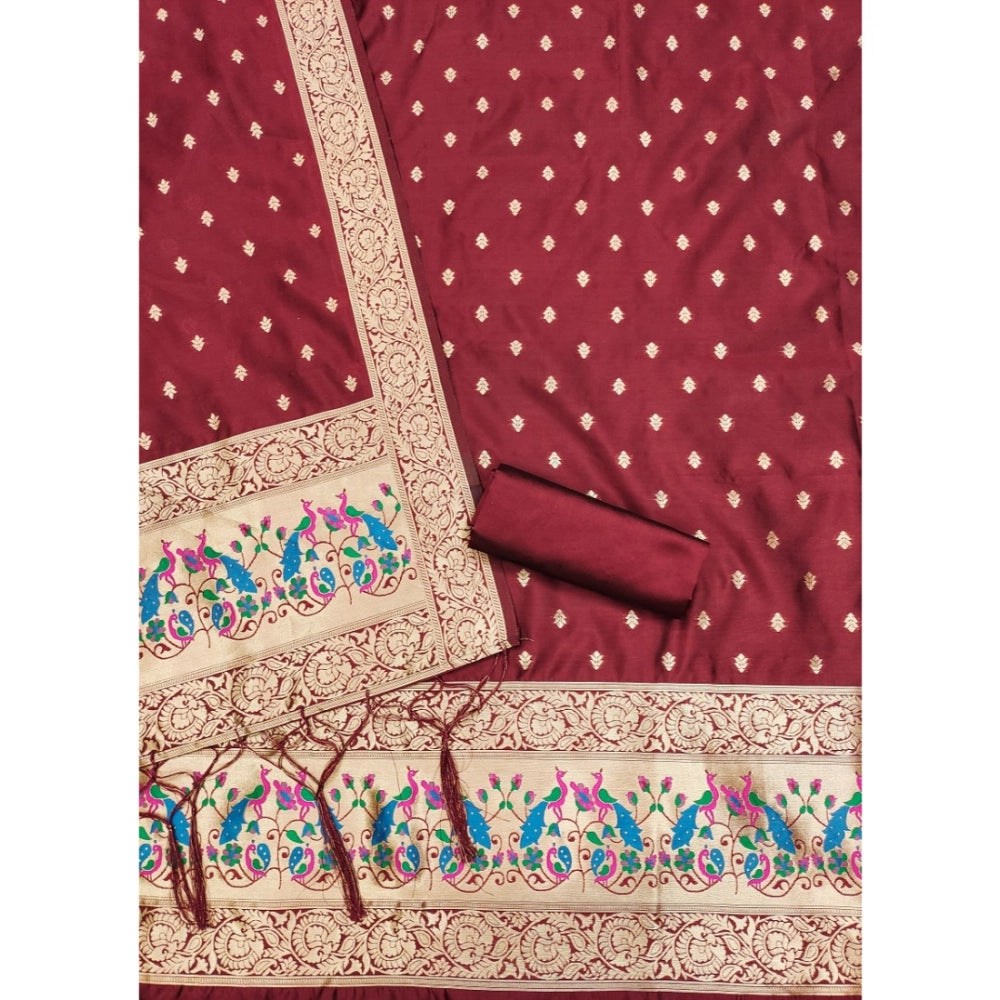 Generic Women's Banarasi Silk Printed Unstitched Salwar Suit Material With Dupatta (Maroon, 3Mtrs)