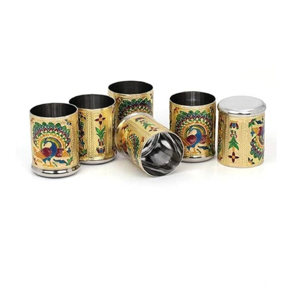 Gold Meenakari Peacock Design Decorative Steel Glass Set