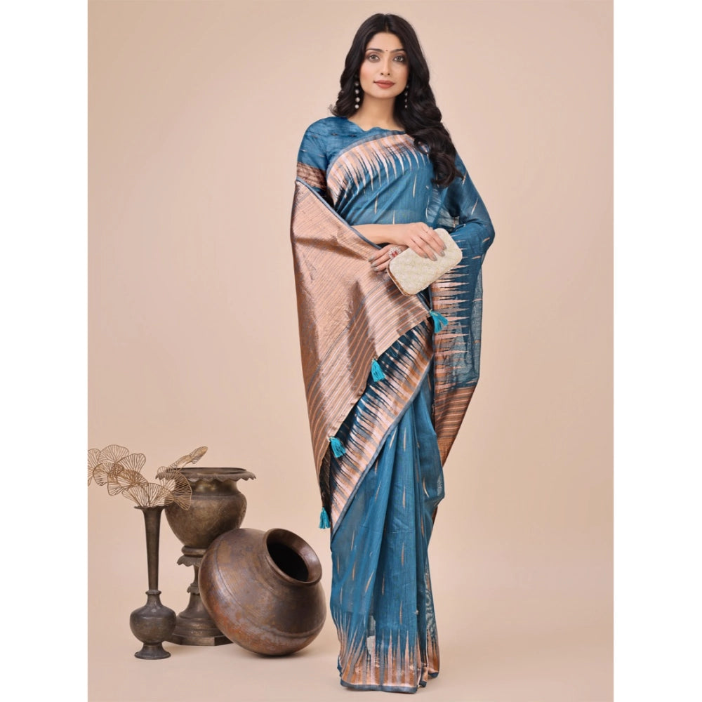 Generic Women's Linen Cotton Printed Saree With Unstitched Blouse 5.5Mtr (Blue)