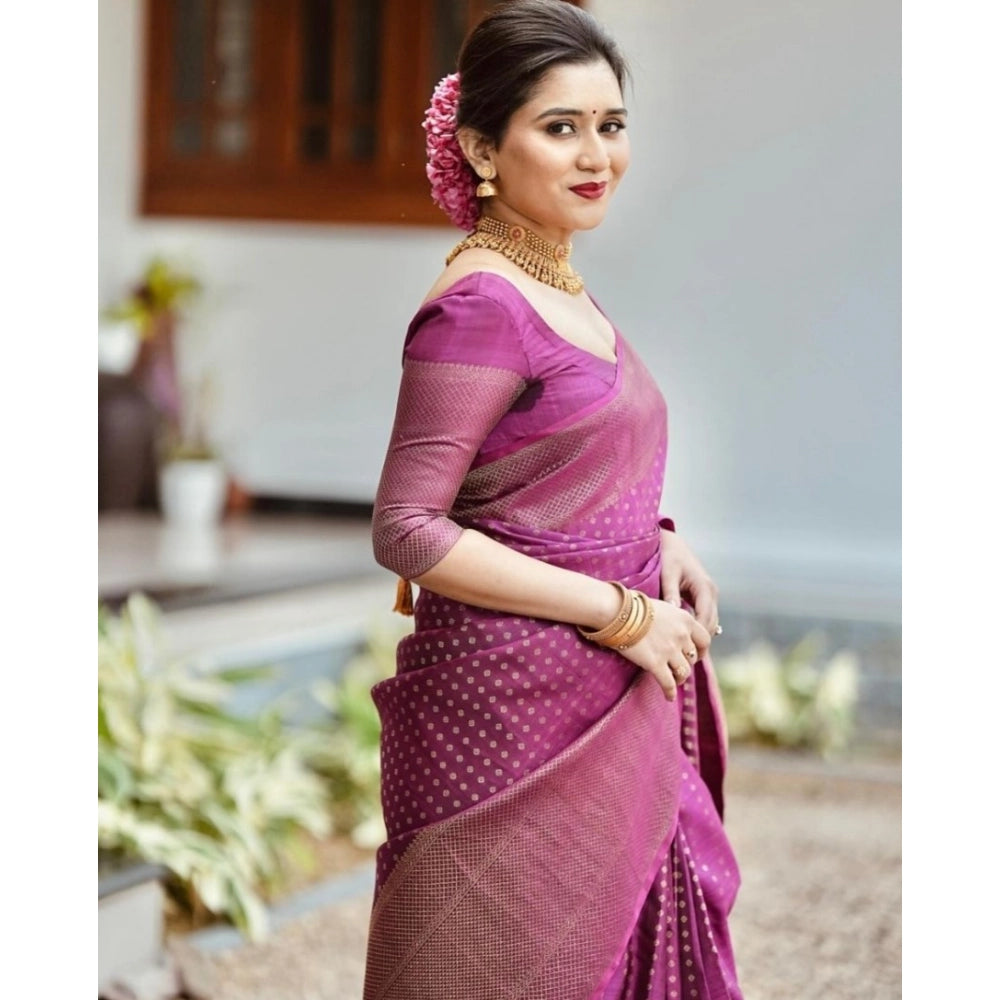 Generic Women's Silk Printed Saree With Unstitched Blouse 5.5Mtr (Purple)