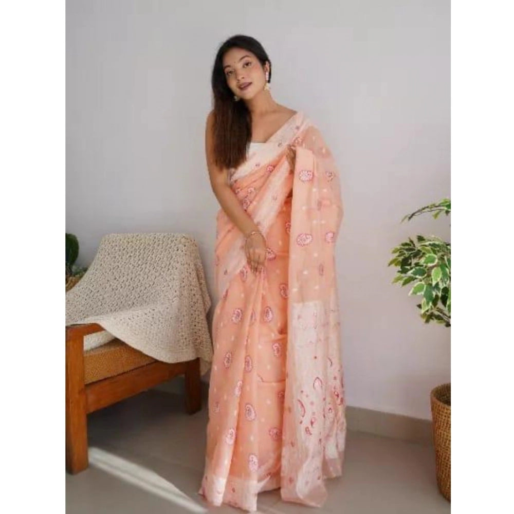 Generic Women's Cotton Printed Saree With Unstitched Blouse 5.5Mtr (Peach)