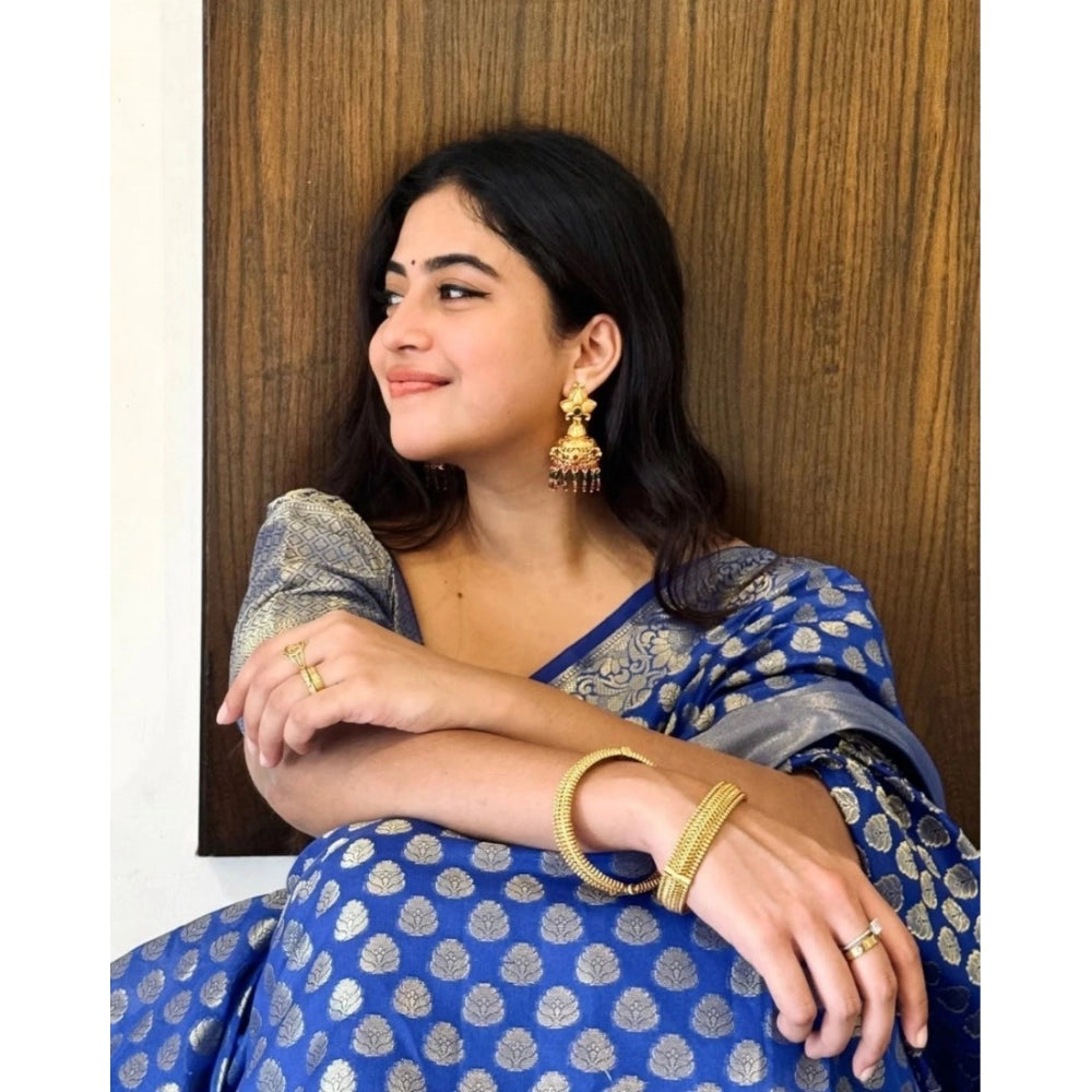 Generic Women's Silk Printed Saree With Unstitched Blouse 5.5Mtr (Royal Blue)