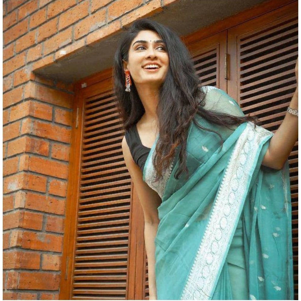 Generic Women's Cotton Printed Saree With Unstitched Blouse 5.5Mtr (Sky Blue)