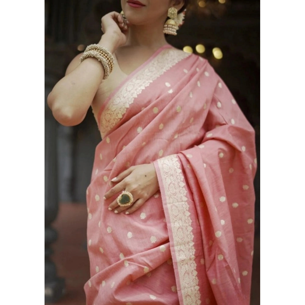 Generic Women's Cotton Printed Saree With Unstitched Blouse 5.5Mtr (Peach)