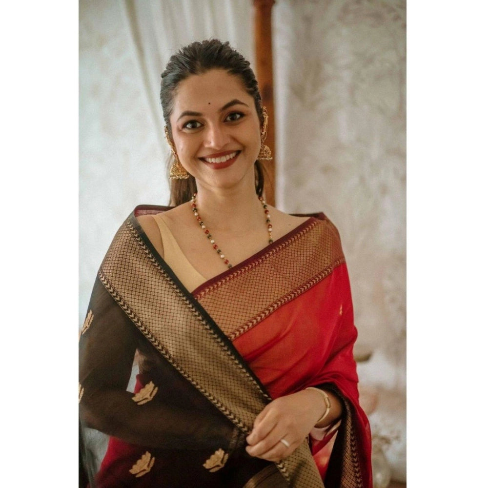 Generic Women's Cotton Printed Saree With Unstitched Blouse 5.5Mtr (Red)