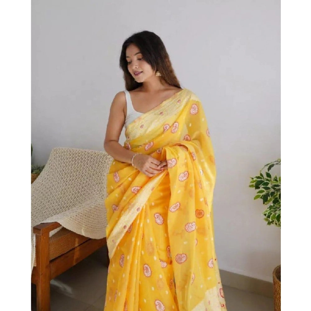 Generic Women's Cotton Printed Saree With Unstitched Blouse 5.5Mtr (Yellow)