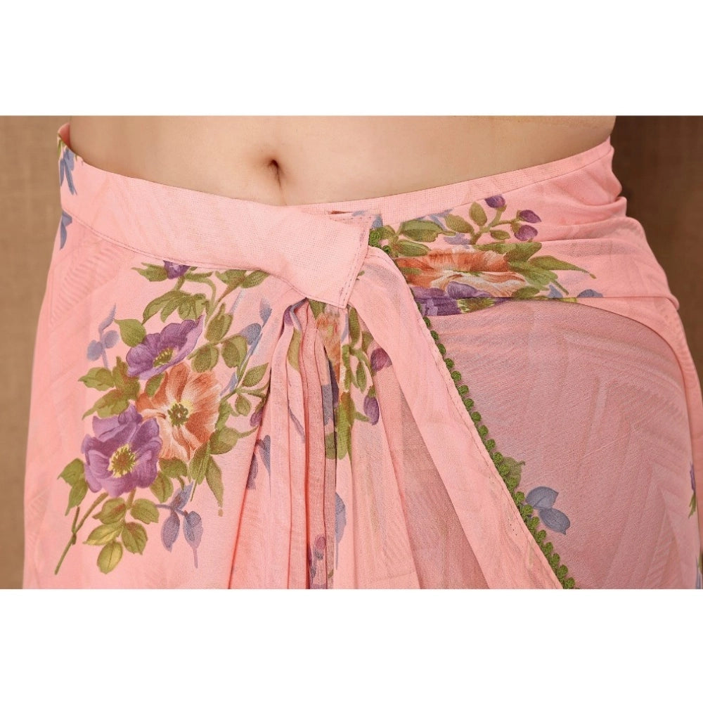 Women's Peach Small Lace Georgette Printed Ready-to-Wear Saree With Unstitched Blouse 5.5 Mtr