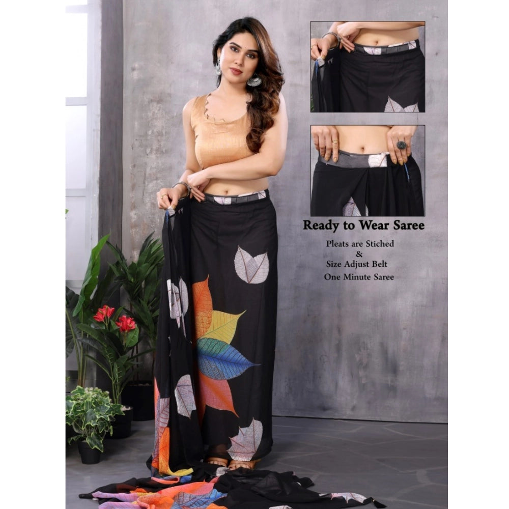 Women's Black Small Lace Georgette Printed Ready-to-Wear Saree With Unstitched Blouse 5.5 Mtr