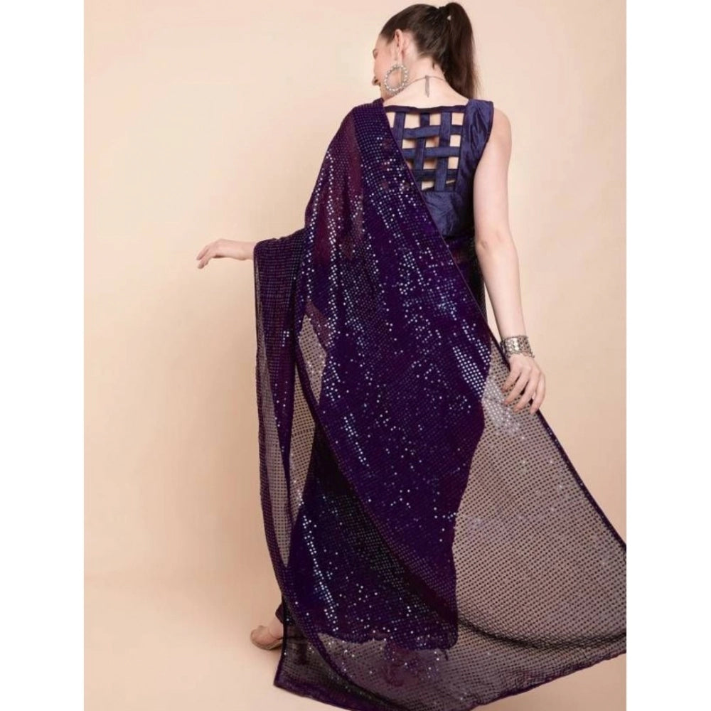 Generic Women's Georgette Embellished Sequnece Bollywood Saree With Unstitched Blouse 5.5Mtr (Purple)