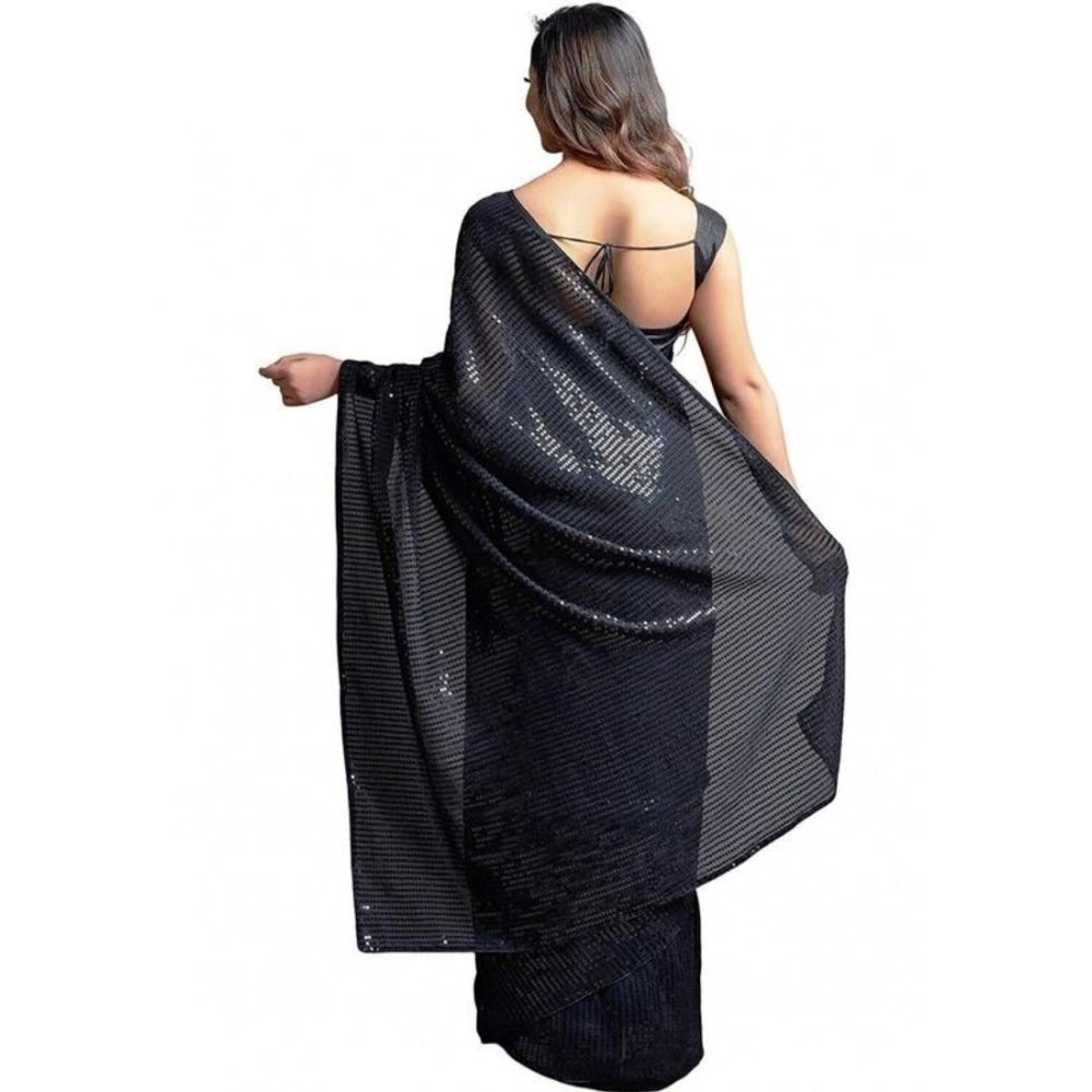 Generic Women's Georgette Embellished Sequnece Bollywood Saree With Unstitched Blouse 5.5Mtr (Black)