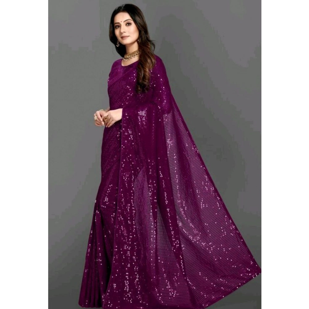 Generic Women's Georgette Embellished Sequnece Bollywood Saree With Unstitched Blouse 5.5Mtr (Purple)