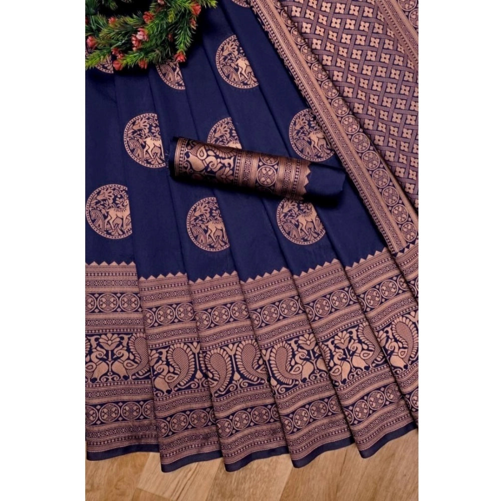 Generic Women's Soft Lichi Silk Printed Saree With Unstitched Blouse 5.5Mtr (Navy Blue)