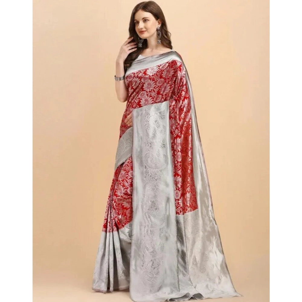 Generic Women's Soft Lichi Silk Printed Saree With Unstitched Blouse 5.5Mtr (Red)
