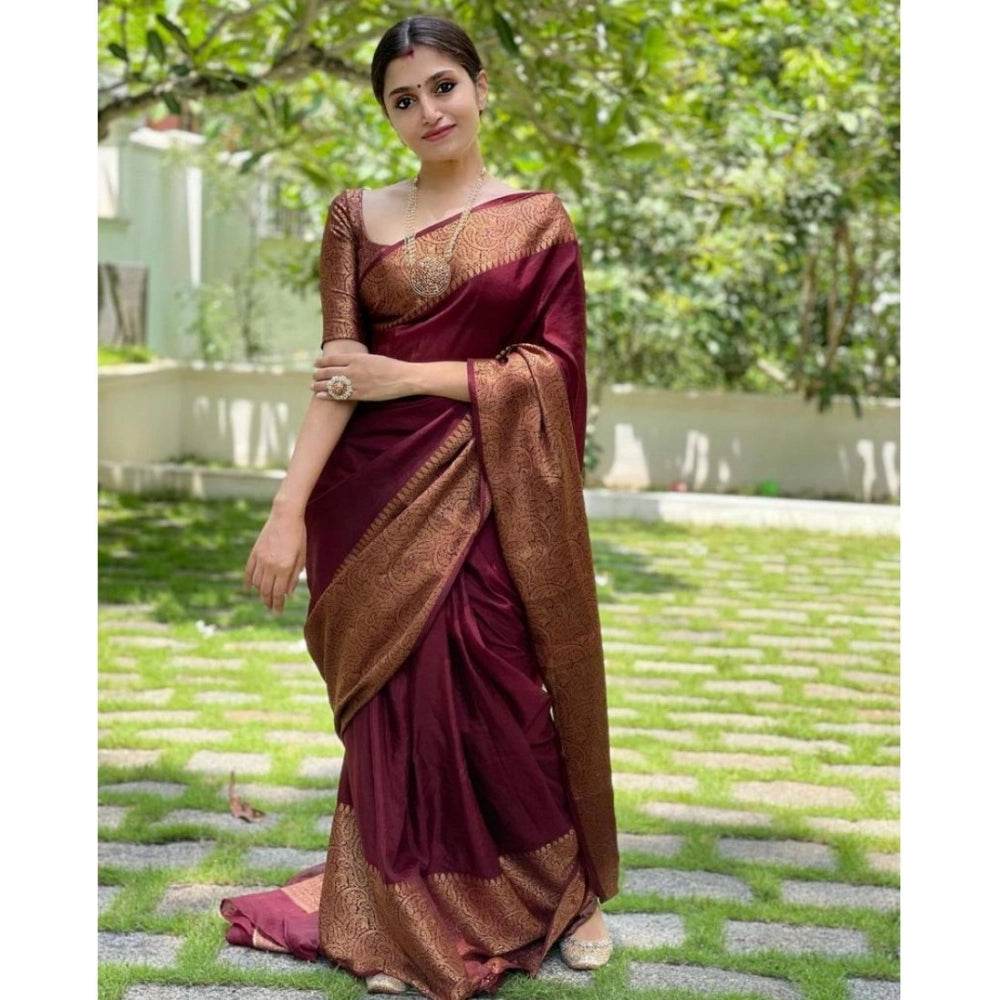 Generic Women's Soft Lichi Silk Solid Saree With Unstitched Blouse 5.5Mtr (Maroon)