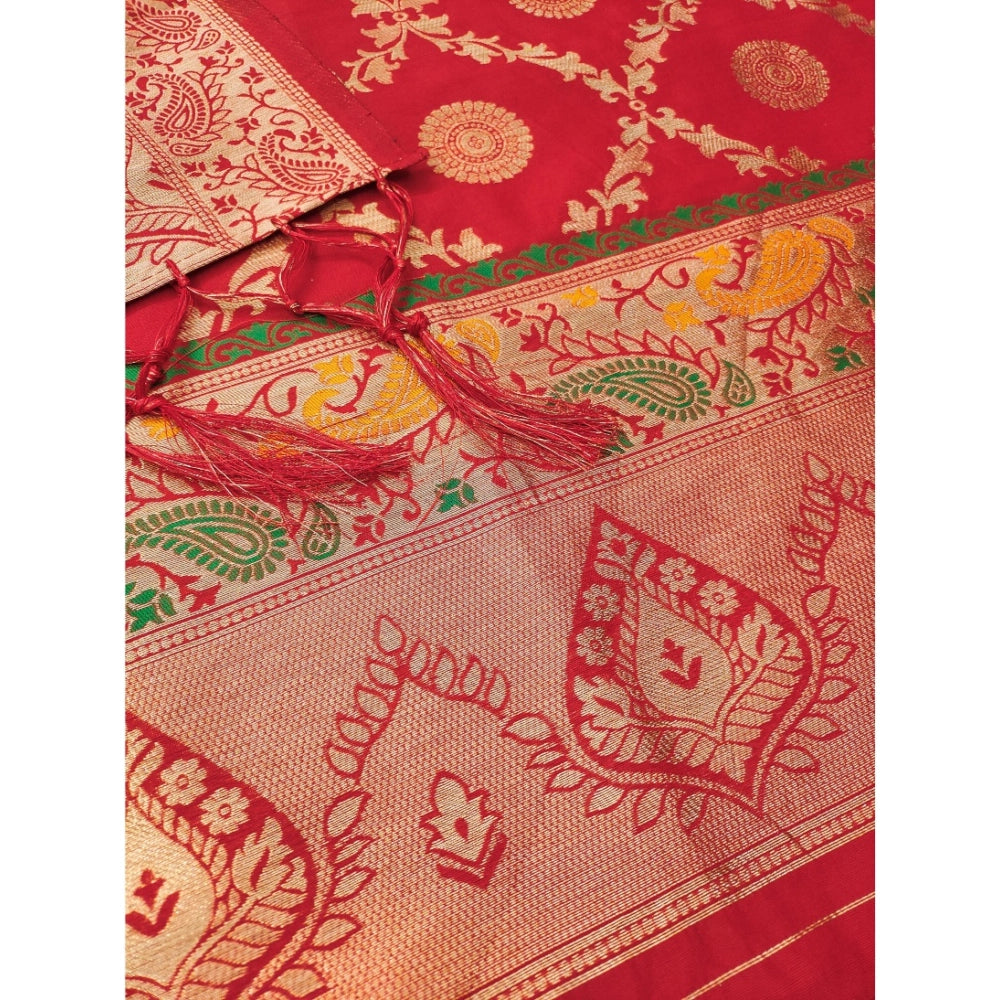 Generic Women's Banarasi Silk Printed Unstitched Salwar Suit Material With Dupatta (Red, 3Mtrs)