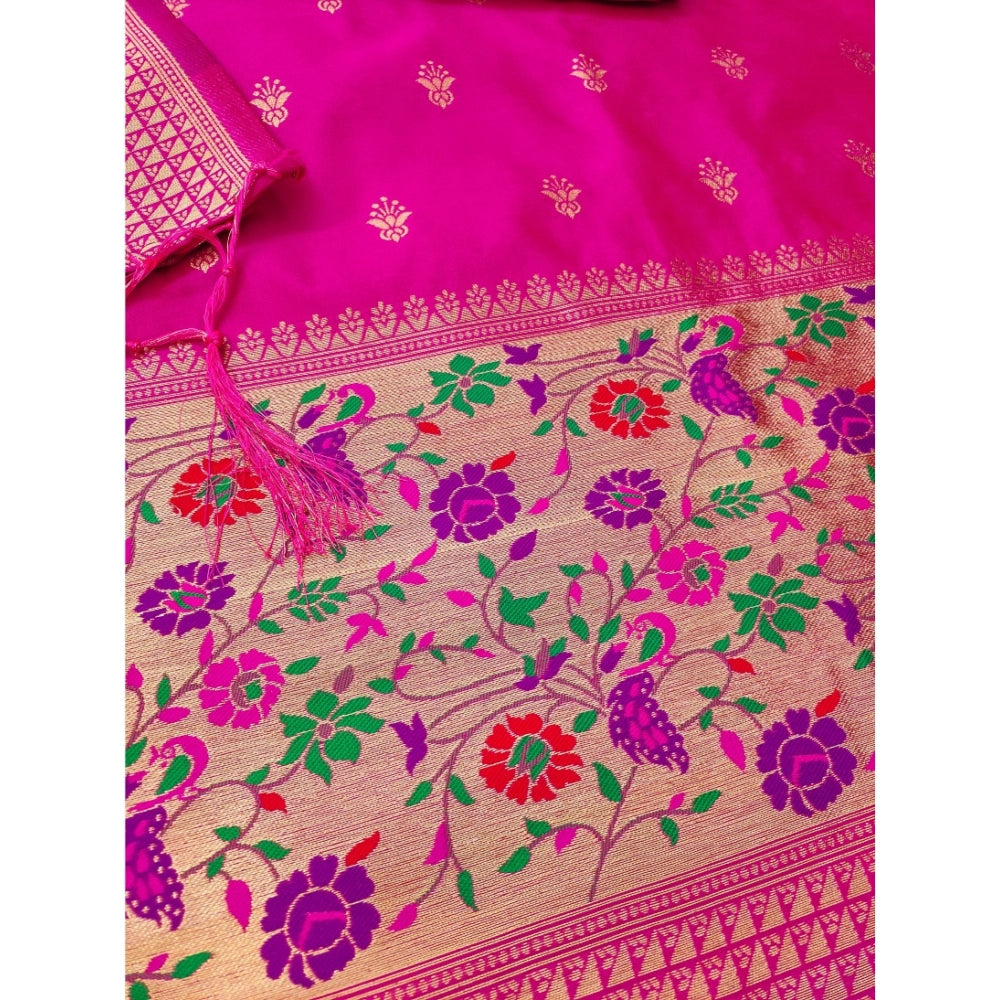 Generic Women's Banarasi Silk Printed Unstitched Salwar Suit Material With Dupatta (Pink, 3Mtrs)