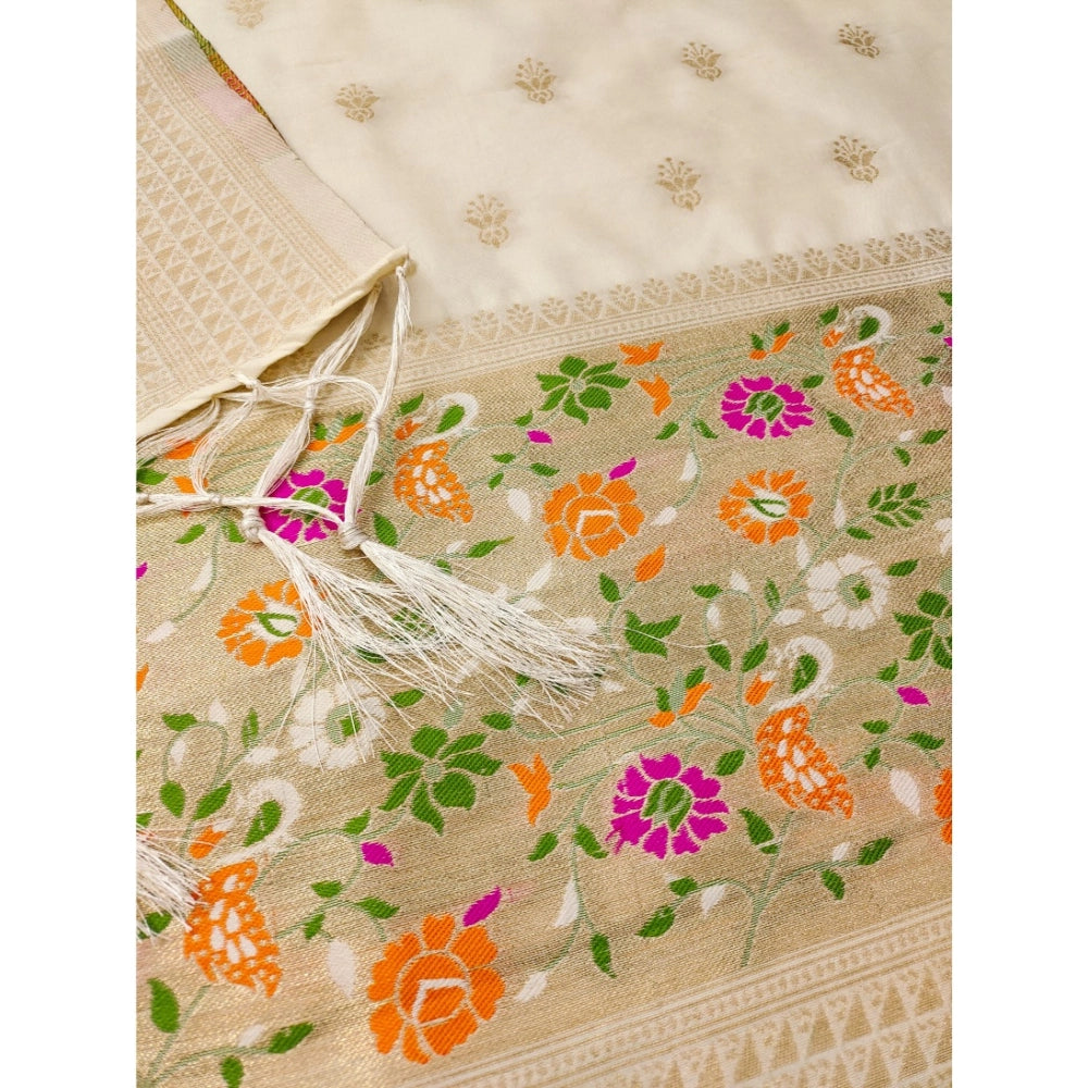 Generic Women's Banarasi Silk Printed Unstitched Salwar Suit Material With Dupatta (White, 3Mtrs)