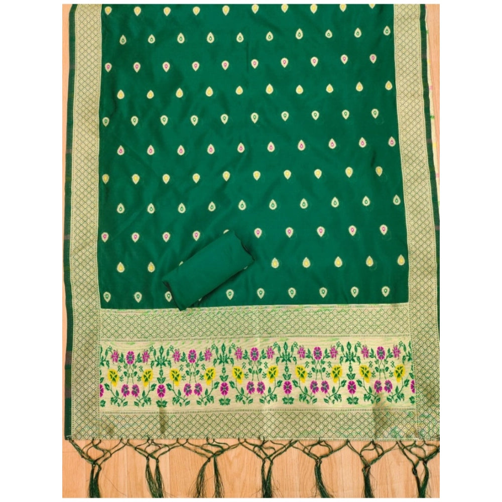 Generic Women's Banarasi Silk Printed Unstitched Salwar Suit Material With Dupatta (Bottle Green, 3Mtrs)