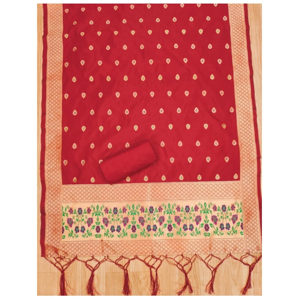 Generic Women's Banarasi Silk Printed Unstitched Salwar Suit Material With Dupatta (Red, 3Mtrs)