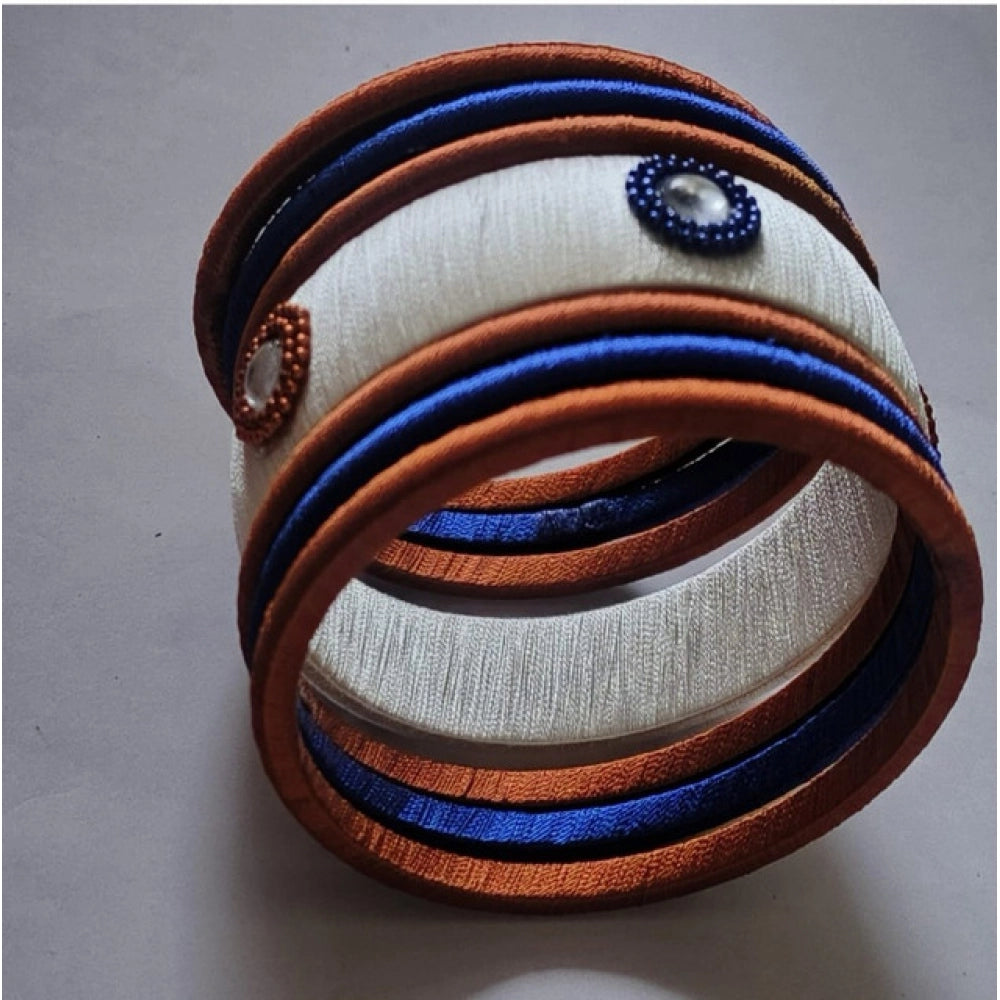 Generic Women's Plastic Silk Thread Bangles (White-Brown-Blue, Size: 2.8)