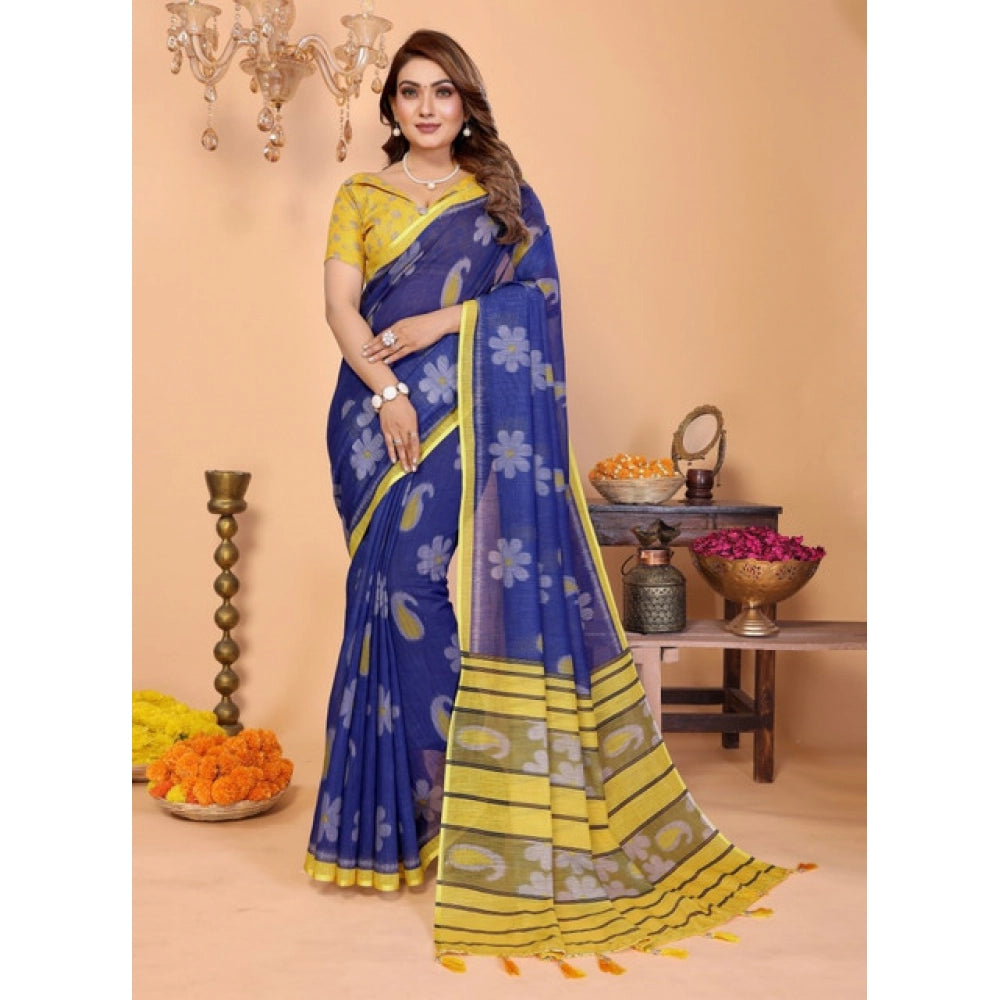 Women's Blue Linen Cotton Printed Saree With Unstitched Blouse – 5.5 Mtr