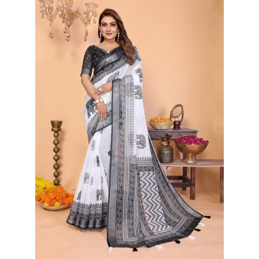 Women's White-Black Linen Cotton Printed Saree With Unstitched Blouse – 5.5 Mtr