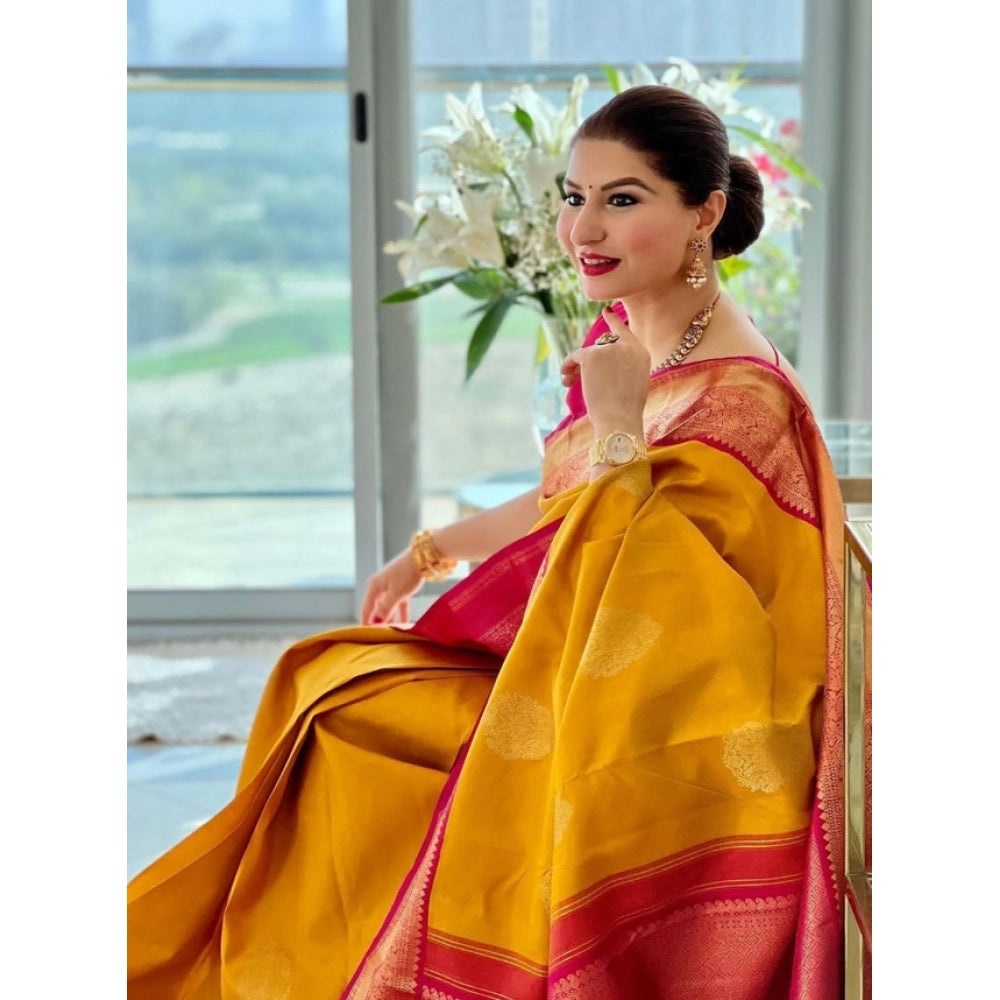 Generic Women's Litchi silk Printed Saree With Unstitched Blouse (Yellow)