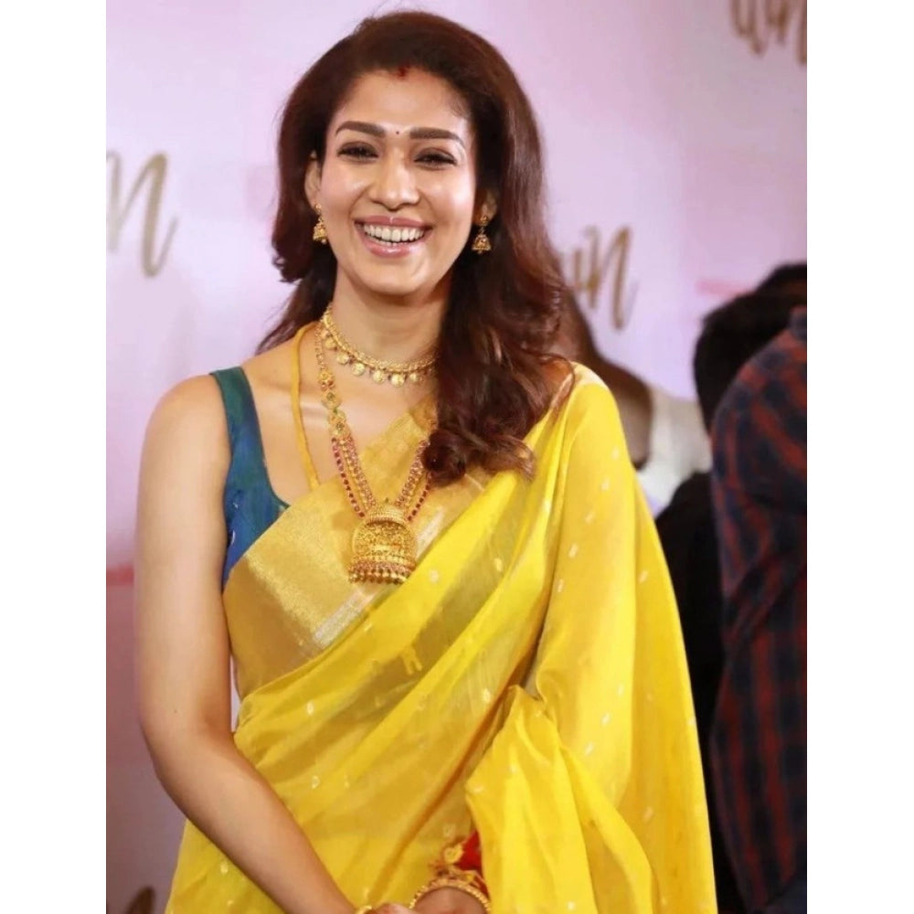 Generic Women's Litchi silk Printed Saree With Unstitched Blouse (Yellow)