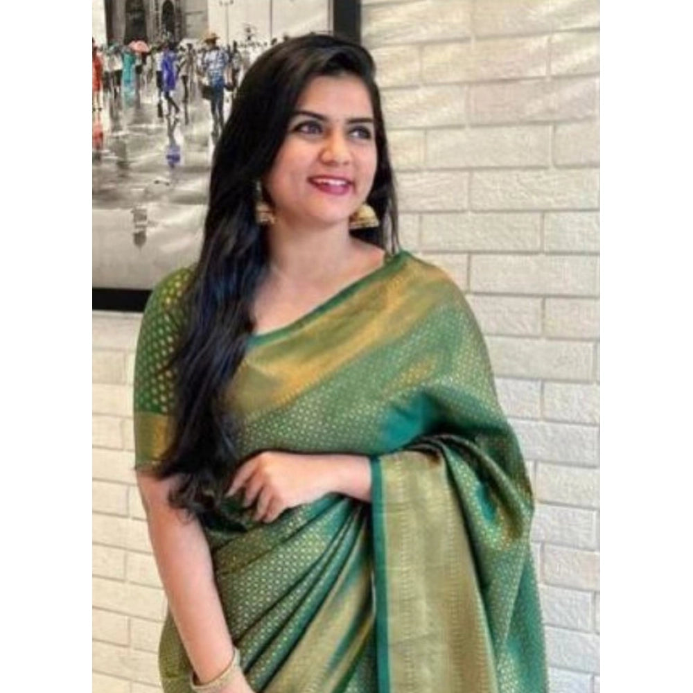 Generic Women's Litchi silk Printed Saree With Unstitched Blouse (Green)