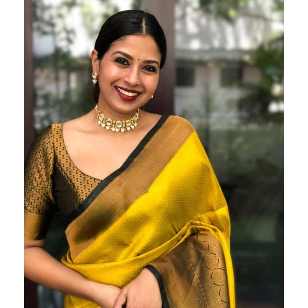Generic Women's Litchi silk Printed Saree With Unstitched Blouse (Yellow)