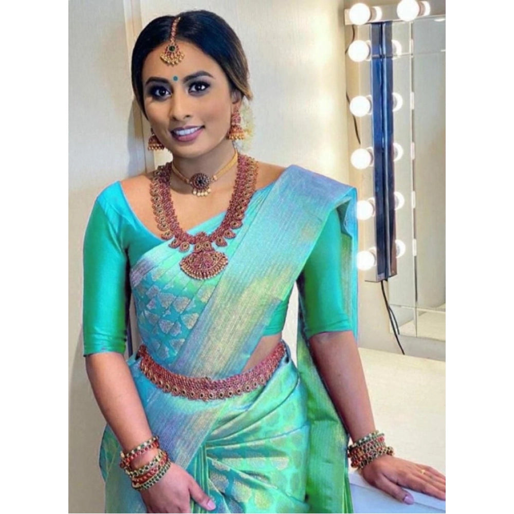 Generic Women's Litchi silk Printed Saree With Unstitched Blouse (Green)